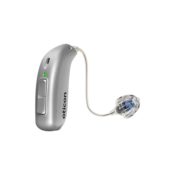 Oticon More miniRITE T Left C091SilverGrey LEDgreen Speaker60 OpenBassDome 500pctSize cdn optimized